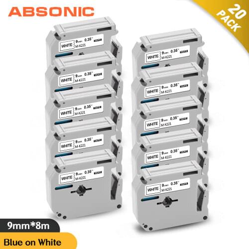 Absonic 20PK MK221 M Tape for Brother MK-221 MK221 M-K221 Black on White Cassette Label Compatible Brother P-touch PT-80 Labeler
