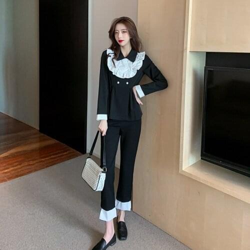 BLLOCUE French Lapel Quilt Design Sense Shirt Blouse + Slim Pants Fashion 2 Pieces Set 2020 Womens Clothing