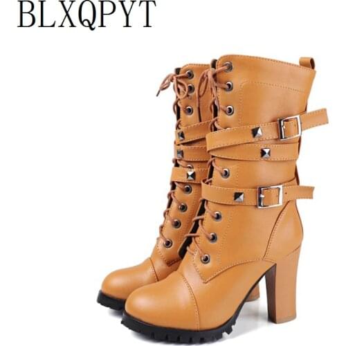 BLXQPYT Plus Size 34-48 Ankle Boots Women Platform High Heels Female Lace Up Shoes Buckle Zip Woman Short Boot Footwear 99-6