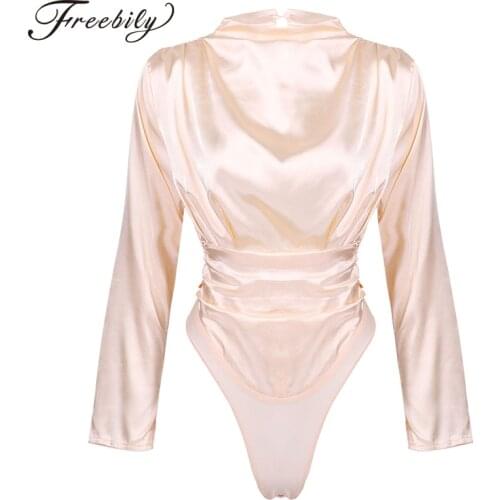 Womens Elegant Silky Satin High Neck Long Sleeves Bodysuits Tops Ruffled Shoulder Female Fashion Party Short Romper Bodysuit