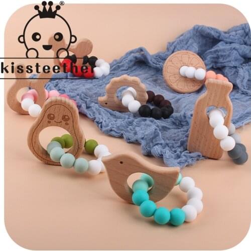 Kissteether 1pcs Baby Teether Bracelet Cute Wooden Baby Beech Toy Solid Color Infant Baby Bracelet Teething Gifts
