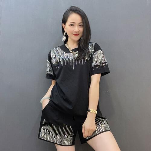 Summer Rhinestones Rivet Black 2 Piece Sets Women LooseT Shirt and Elastic Waist Shorts
