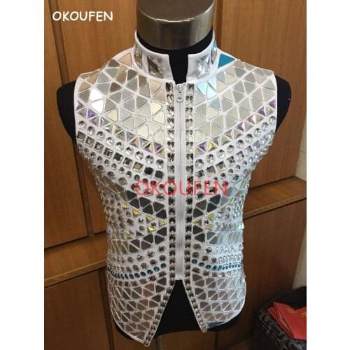 Fashion Mens Mirror Lens Vest Costumes Rhinestones Punk Style Ds DJ wear Nightclub male singer Dancer Stage Performance jacket
