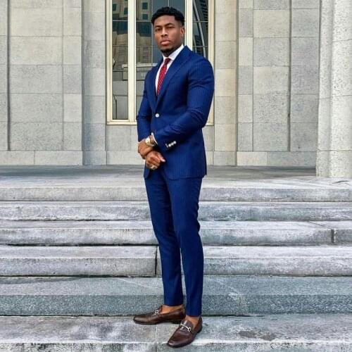 Navy Pinstripe Men Suits Peaked Lapel Formal Business Suits for Mens Blazer Jacket Men Tuxedos Groom Wedding Suits Coat Pant