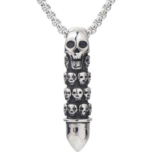 Mens Skull Necklace Motorcycle Enthusiast Punk Skeleton Pendant Necklace Stainless Steel Charm Chain Necklace Male