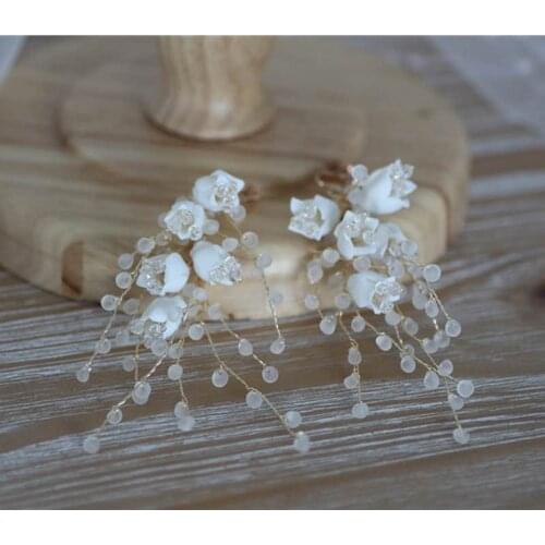 Delicate Porcelain Flower Earrings Fashion Crystal Bridal Jewelry Wedding Drop Earrings Clips