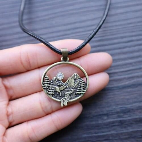 Antique Bronze Plated Diamond Mountain Forest Elk Landscape Pendant Necklace