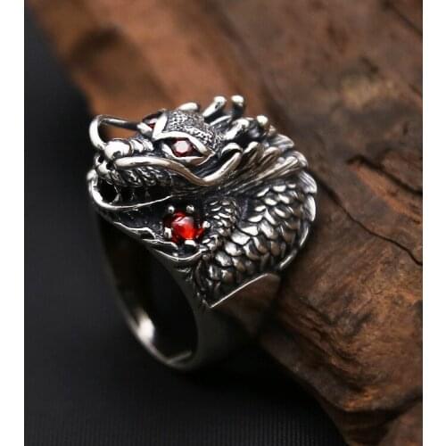 Domineering Silver Plated Dragon Head Ring for Motorcycle Party Biker Ring Punk Style Red Stone Finger Ring Men Hip Hop Jewelry
