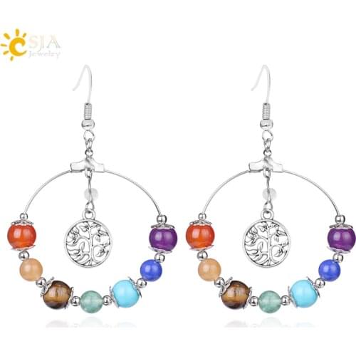 CSJA 7 Chakra Tree of Life Women Drop Earrings Natural Round Gem Stone Bead Reiki Healing Crystal Earrings Bohemian Jewelry E769