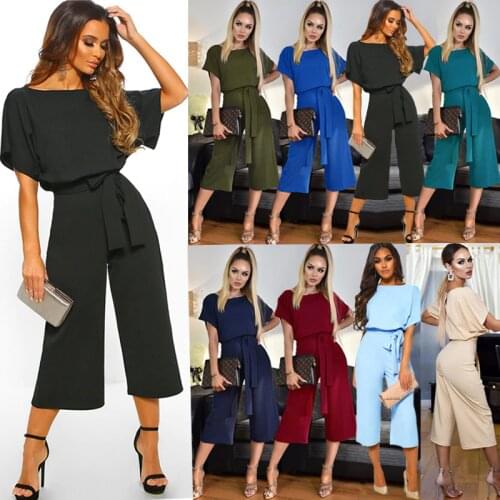 Women Bandage Short Sleeve Jumpsuit Summer Fashion Elegant O Neck Bodycon Playsuits Wide Leg With Belt Overalls Lady Long Romper