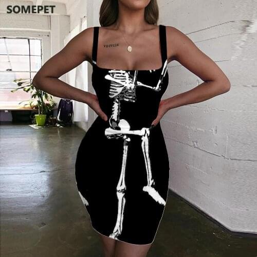 SOMEPET Skull Dresses Women Skeleton 3d Print Dancing Ladies Dresses Funny Halter Sleeveless Womens Clothing Party New Beach