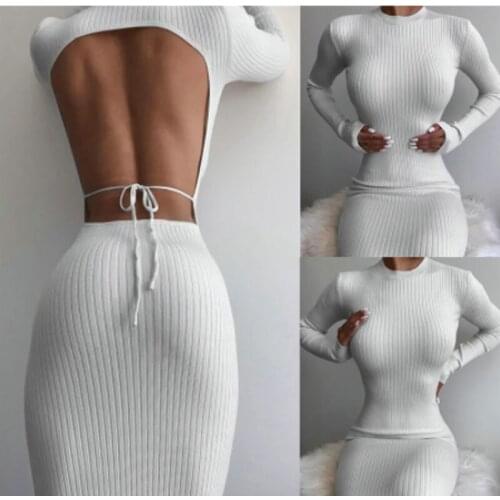 2020 Women Dress Hot Sale Fashion Sexy Spring/Autumn Long SLeeve Back Hollow Out Round Neck Solid Color Clubwear Clothing