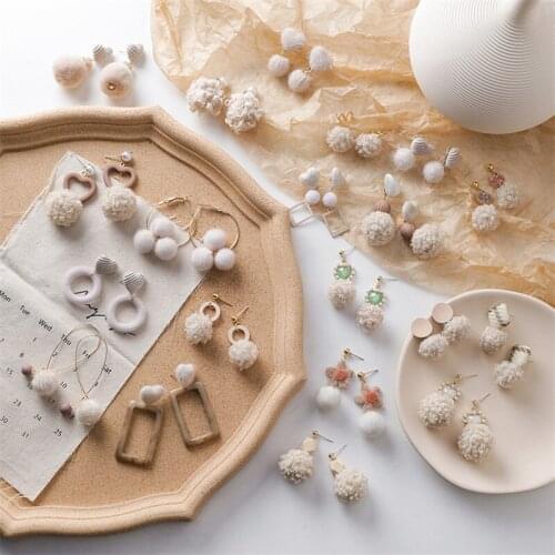 Winter Style Khaki Plush Earrings Beige Brown Round Hair Ball Pendant For Women Girls Geometry Charms stud Ear Jewelry Gifts