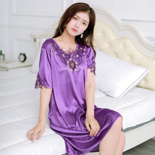 Plus Size 4XL Short Sleeve Silk Sleepwear Women Summer Loose Long Home Clothing Ladies Lace Sleepwear Embroidery Nightwear
