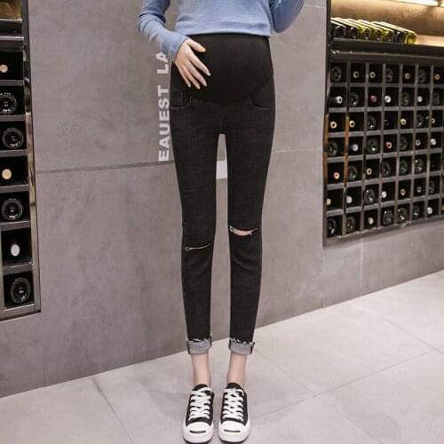 Maternity Ninth Pants Stretch Jeans For Pregnant Women Clothes Skinny Hole Pants Denim Pregnancy Jeans Maternity Abdominal Pants
