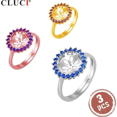 CLUCI 3pcs 925 Silver Round Blue Zircon Rings for Women Jewelry Pearl Ring Mounting Real Silver 925 Adjustable Rings SR2161SB