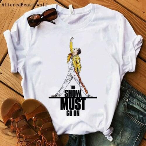 Freddie Mercury t shirt The Show Must Go On print white shirt women hip hop rock queen tshirt female casual harajuku vogue Tops