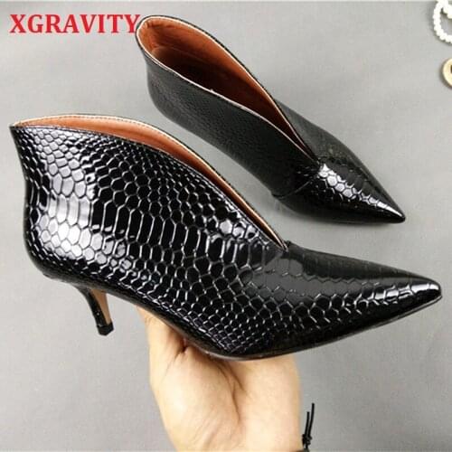 XGRAVITY Hot Patent Leather V Cut High Heel Boots Elegant Snakeskin Women High Heeled Ladies Shoes Short Ankle Boots Female S072