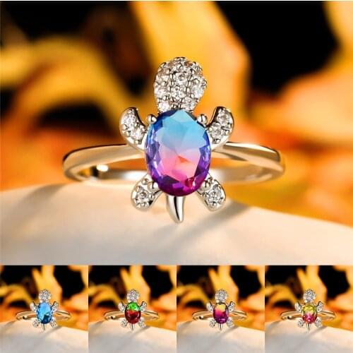 Cute Female Rainbow Crystal Stone Jewelry Charm Silver Color Thin Engagement Ring Dainty Beach Turtle Wedding Rings For Women