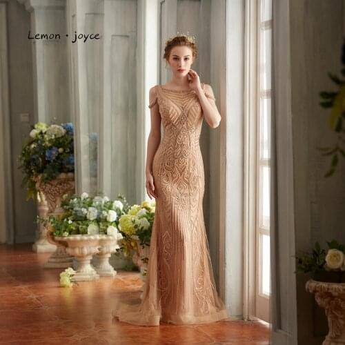Lemon joyce Champagne Evening Dresses 2020 Elegant O-Neck Beading Illusion Mermaid Party Gowns Plus Size