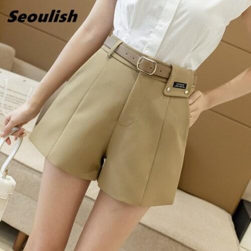 Seoulish Summer Formal Womens Shorts with Belted Solid High Waist Office Lady Casual Workwear Female Wide Leg Shorts 2021 New