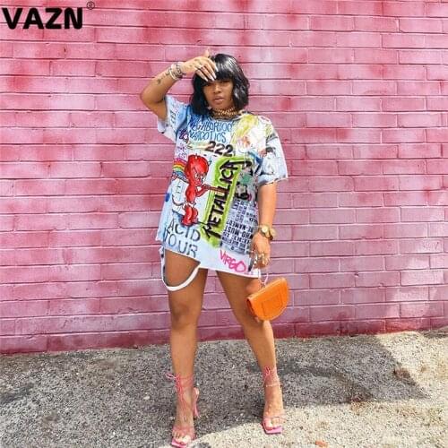 VAZN 2020 New Designer High Street Young Plus Size Fancy Free Daily Sexy Short Sleeve Women Nature Straight Mini Dress