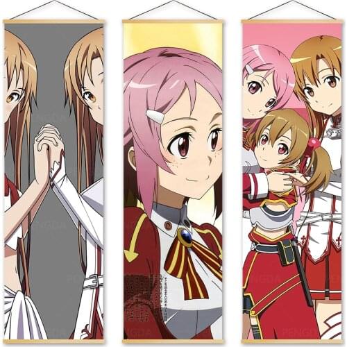 Print Pictures Canvas Sword Art Online Home Decor Poster Wooden Scroll Hanging Painting Hot Japan Anime Wall Artwork For Bedroom