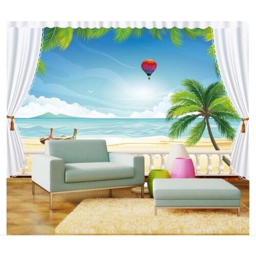 Custom High end 3d murals wallpaper for walls 3 d Hot air balloon beach coconut cliffs white clouds windows background wall