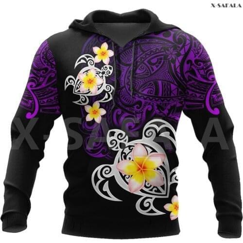 Polynesia Purple Turtle Hibiscus Tattoo 3D Over Printed Hoodie Man Women Unisex Outwear Zipper Pullover Sweatshirt Casual