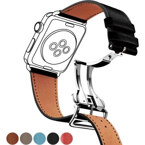 Genuine leather strap for apple watch band 44mm 40mm 42mm 38mm iwatch series SE/6/5/4/3/2 bracelet Deployment Buckle watchband