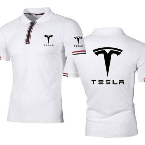 NEW Mens polo shirt Tesla car Logo Printing summer Solid color Striped High Quality Splicing Cotton Mens short sleeve tops