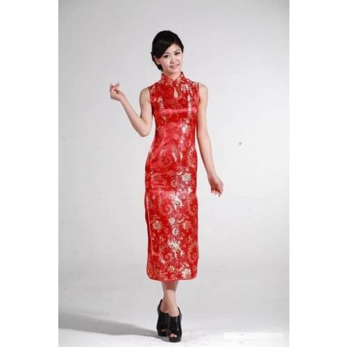 Shanghai Story chinese red wedding dress Chinese Womens Satin Polyester cheongsam Evening Dress qipao long cheongsam 3 color