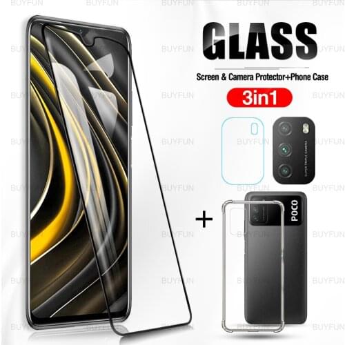 For Xiaomi Poco M3 3in1 Silicone transparent protective shell for poco pocophone m3 6.53 inch tempered glass camera phone cover
