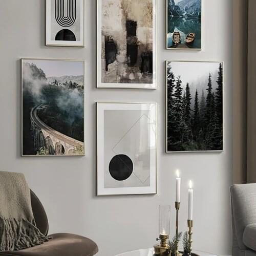 Misty Foresta Lago Barca Geometrica Astratta Natura Paesaggio Immagine Manifesto Nordic Stampa Su Tela Dipinto Living Room Decor