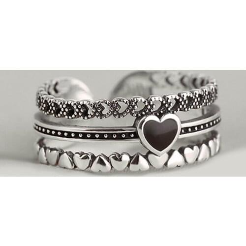 Vintage Creative Black Love Heart Ring For Women Men Silver Color Adjustable Open Finger Rings Couples Jewelry Accessories