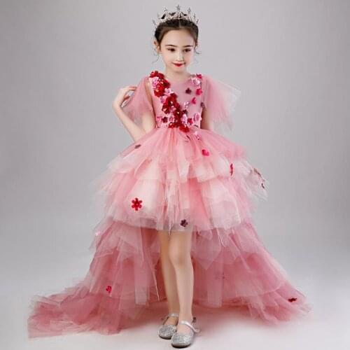 High-end Children Girl Dress Birthday Party Mesh Stitching Appliques Trailing Gown Kids Pageant Dress For Girls Vestidos L400