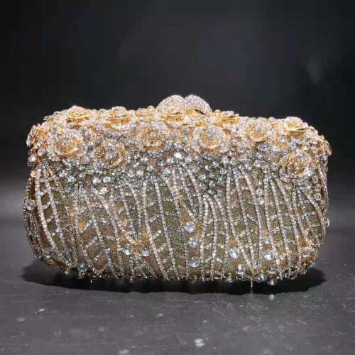 Floral Women Diamond Leaf Bridal Handbag Gold Silver Gray Pink Black Green Champagne Red Purple Crystal Female Party Clutch Bags