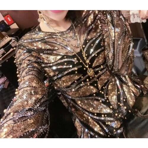 Womens Luxury Vintage Shiny sequins paillette Beaded Shirt Female Club Party Dancing Performance Pullover Tops Tees TB586