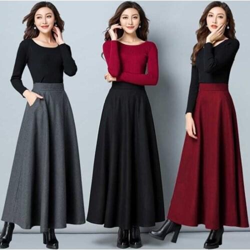2021 autumn winter new solid color woolen skirts A-line skirts high-waist mid-length large-size large-length skirts women s224