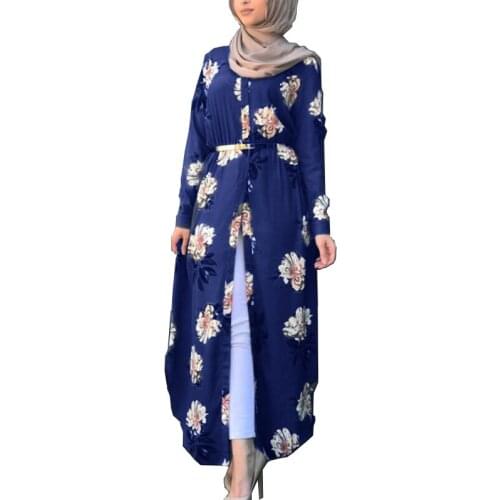 Fashion Robe Dubai Printed Womens Long Sleeve Tunic Casual Dress Moroccan Kaftan Modest Dress Abaya Jilbab Femme Musulman