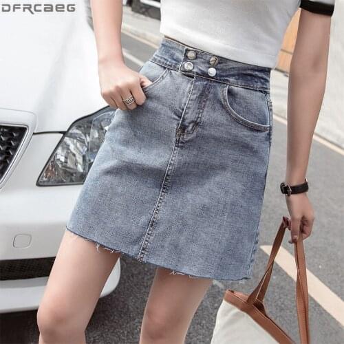 New Arrival Vintage High Waisted Denim Skirts Womens Casual A-line Summer Jupe Femme Buttons Stretch Washed Mini Jeans Skirt