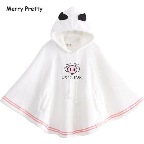 XUANHAO Women Cloak Outerwear Cartoon Print With Ears On Hood Hoodies Coat Pullover Poncho Jacket Cloak Hooded Coat