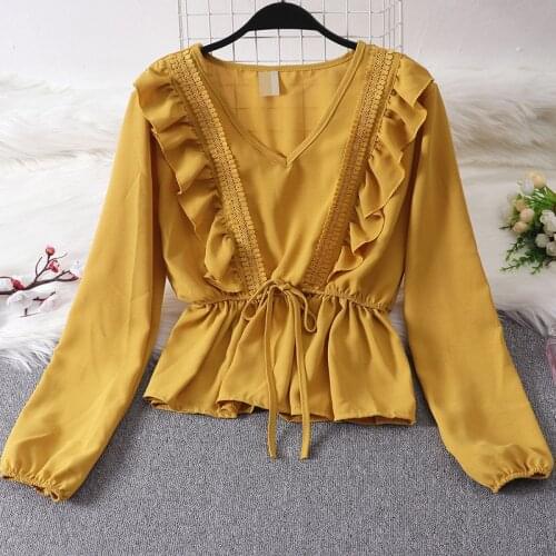 Drawstring Sash Ruffles Women Blouse V-Neck Lace Patchwork Vintage Blusa 2020 Spring Summer Solid Slim Fashion Tops Lady