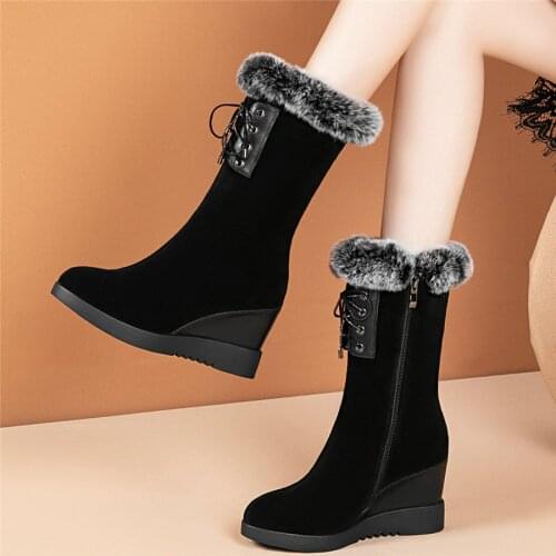 2020 Winter Warm Rabbit Fur Pumps Shoes Women Genuine Leather Wedges High Heel Snow Boots Female High Top Platform Oxfords Shoes