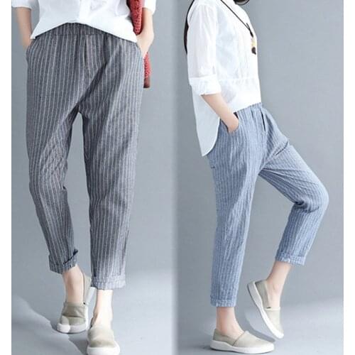 Cotton Linen Summer New Casual Pants Elastic Waist Large Size Thin Striped Loose Fashion Nine-point Harem Pants Womens Clothing