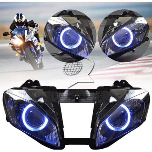 Motorcycle Headlight Assembly HID Projector Conversion LED Blue Angel Eyes DRL High Low Beam Headlamp For Yamaha YZF R6 08-15