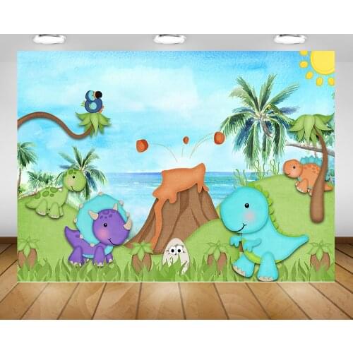 Dinosaur Cartoon Backdrop Photography Oil Painting Sea Newborn Baby Shower Background Watercolor Wild Jungle Volcanic Photocall