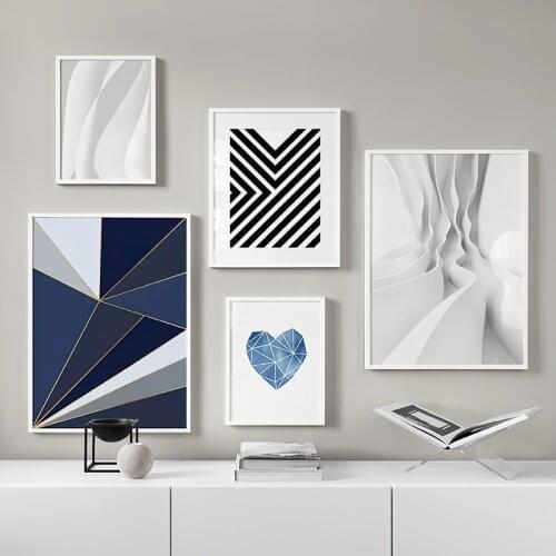Geometric Color Block Blue Line Heart-Shaped Abstract Shape Modern Art Canvas Print Wall Painting Picture Living Room Decor
