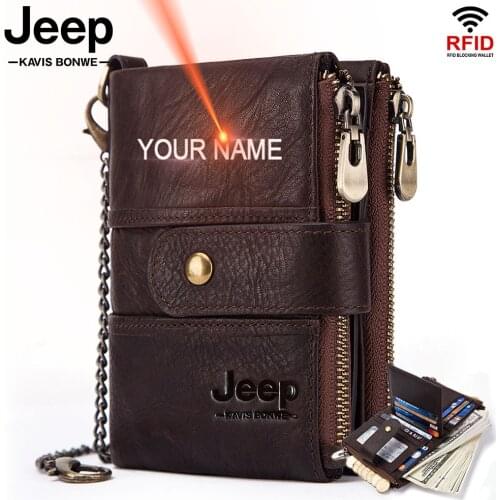 Engraving Name Genuine Leather Men Short Wallet Small Coin Purse Card Holder With Chain PORTFOLIO Portomonee Male Money Bag