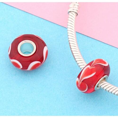Leabyl New Classic Red Heart Crystal Charm fit Bracelets & Bangles Romantic One Line Love Heart Murano Beads for DIY Jewelry